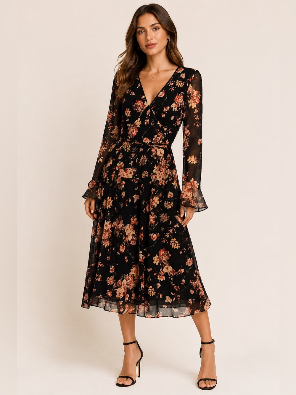 Chris McLaughlin Vintage Black Floral V-Neck Drop Waisted Midi Dress‎ Sz. 10